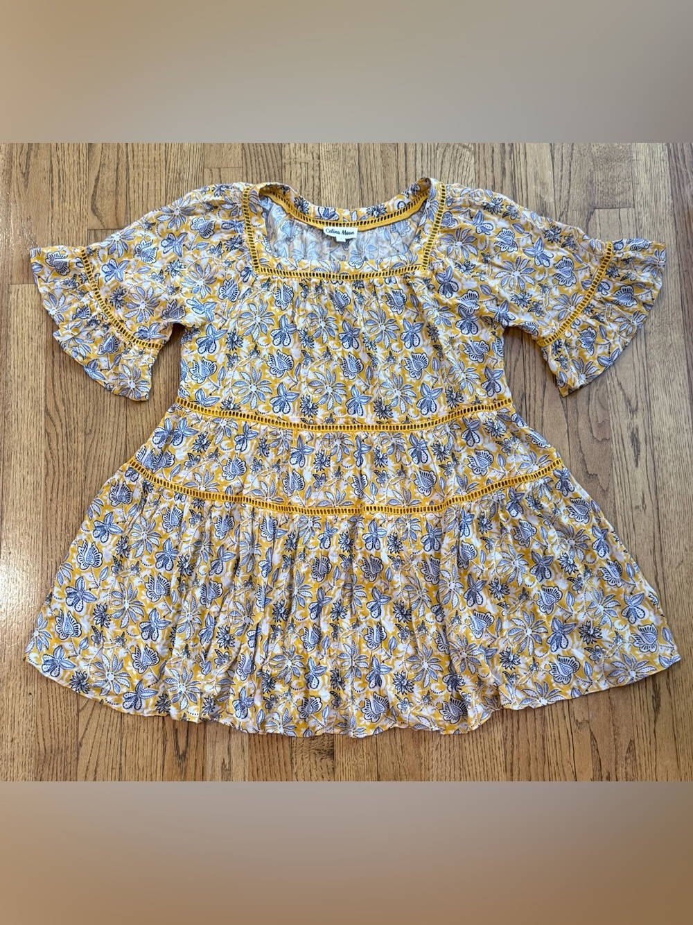 CELINA MOON Women’s Yellow & Blue Floral Tiered Dress Size Small
